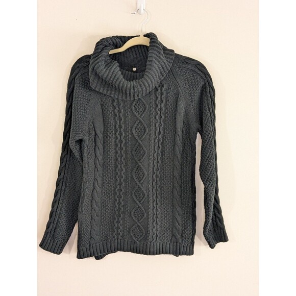 Vintage Black Sweater Womens L Cable Knit Fishermans Pullover Turtleneck Cotton - Picture 2 of 10